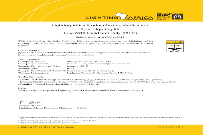WORLD BANK LIGHTING AFRICA CERTIFICATE